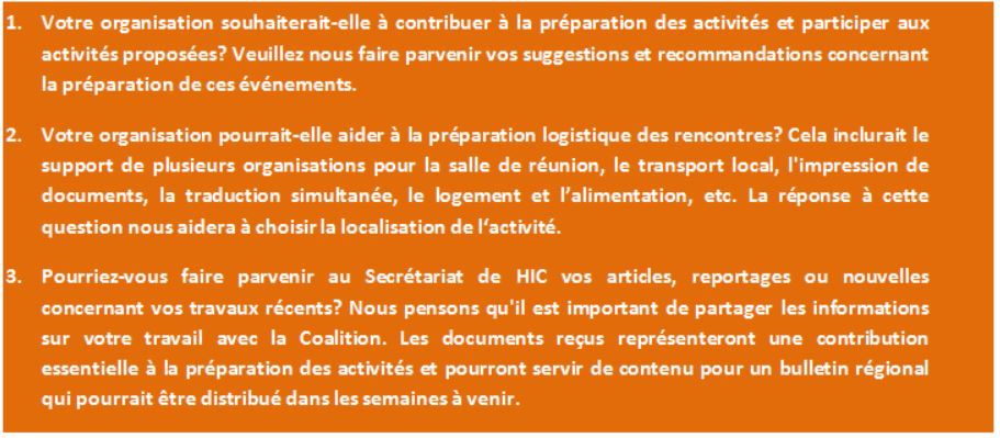 Activité régionale de HIC en Afrique / Assemblée Générale de HIC en Afrique / Activité de planification de la Plate-forme mondiale pour le Droit à la Ville en Afrique