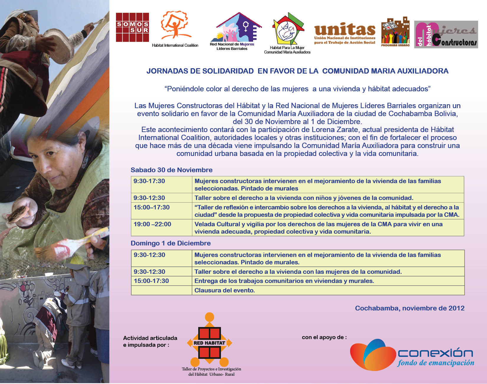 Jornadas de solidaridad a favor de la comunidad Maria Auxiliadora, Cochabamba, Bolivia: “Poniéndole color al derecho de las mujeres a una vivienda y hábitat adecuados”