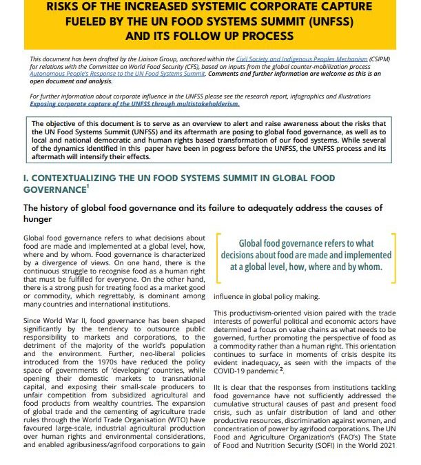 Risques liés à l’accroissement de la mainmise systémique des entreprises, favorisée par le sommet des Nations unies sur les systèmes alimentaires (UNFSS) et son processus de suivi